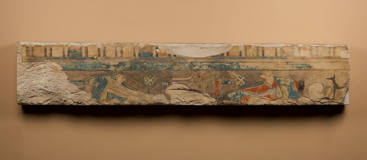 Relief block from a temple of Amenemhat I, Limestone, paint 