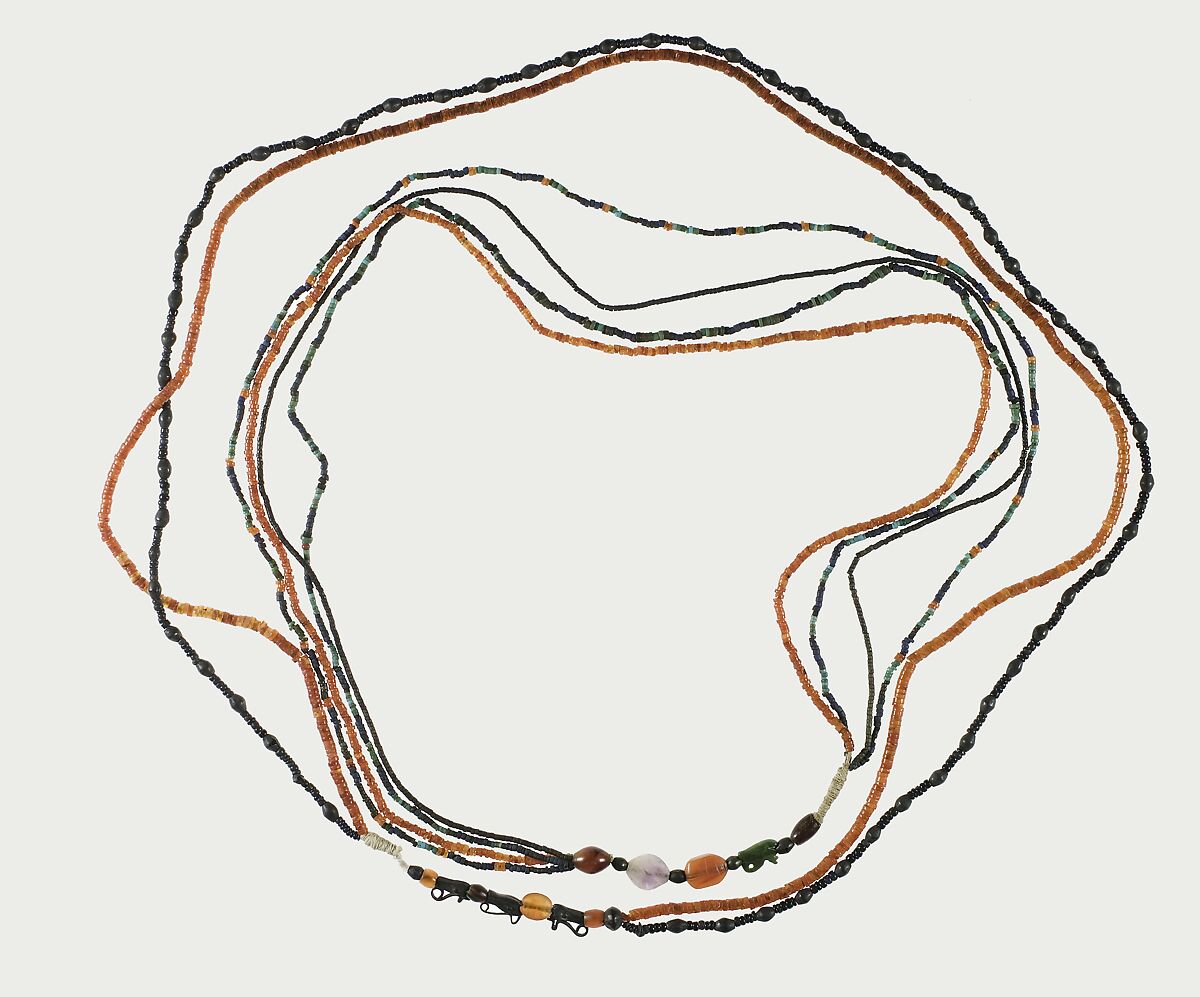 Two-strand Necklace of the Child Myt, Carnelian, glass, silver, rock crystal