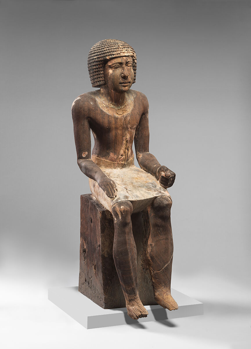 Seated Mitry with echelonned wig, Acacia, gesso, paint