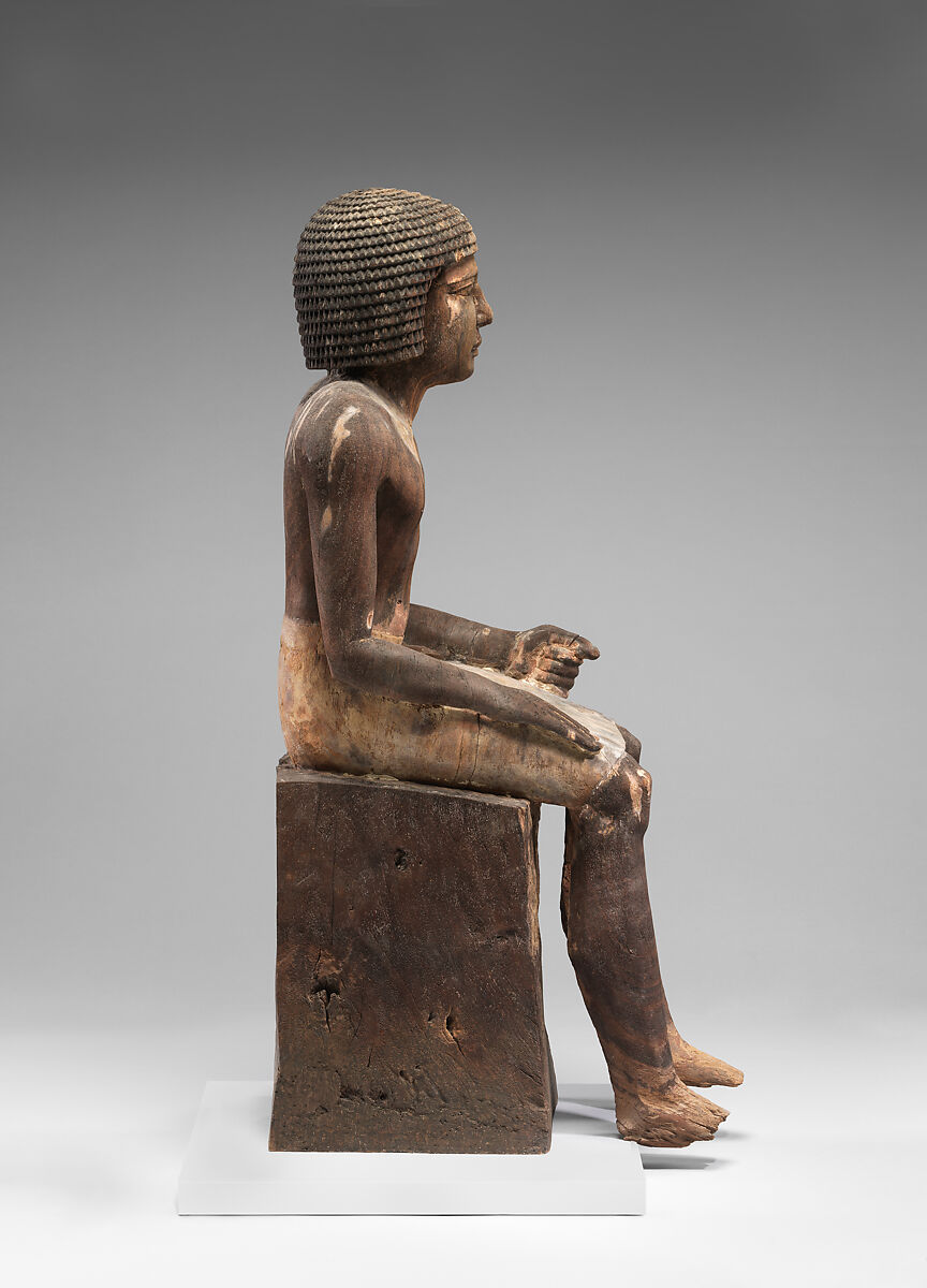 Seated Mitry with echelonned wig, Acacia, gesso, paint