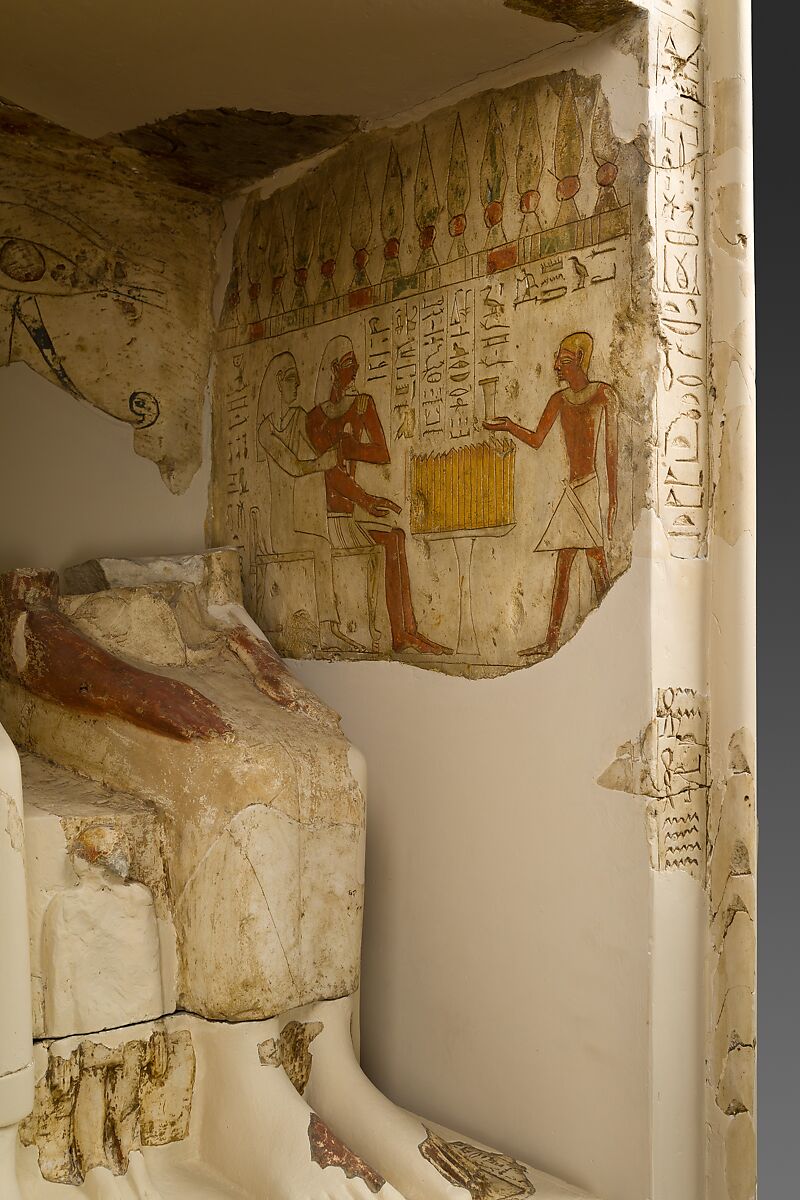 Shrine with statues of Amenemhat and his wife Neferu, Limestone, paint