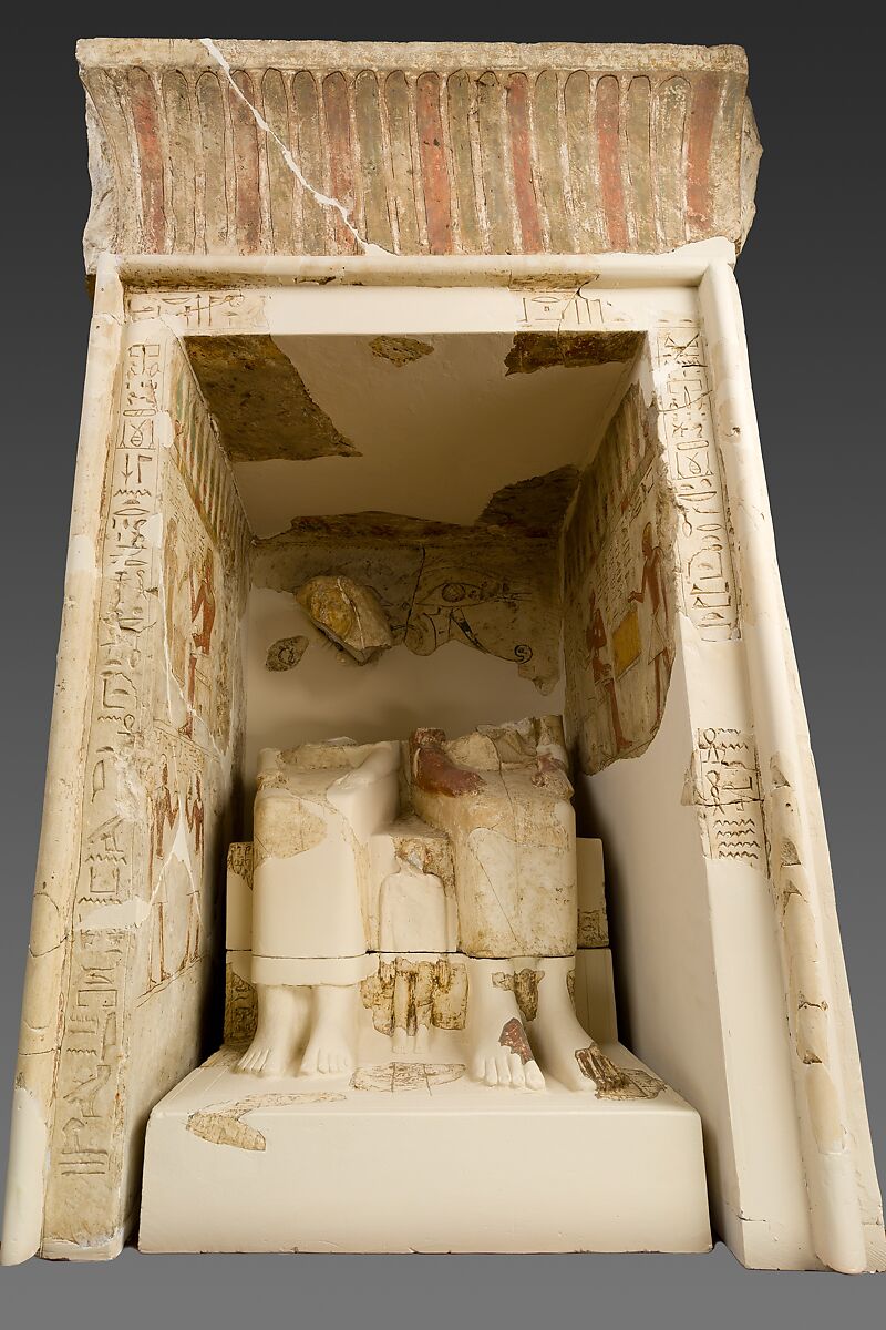 Shrine with statues of Amenemhat and his wife Neferu, Limestone, paint