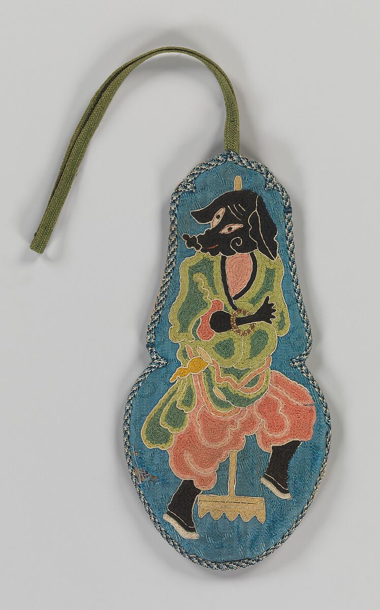 Gourd-Shaped Case with Pattern of Pig-Faced Creature, Silk and metallic-thread embroidery on silk damask, China 