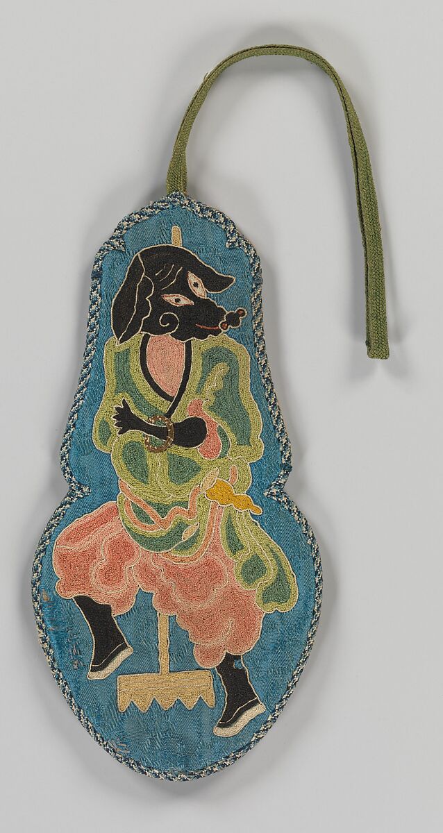 Gourd-Shaped Case with Pattern of Pig-Faced Creature, Silk and metallic-thread embroidery on silk damask, China