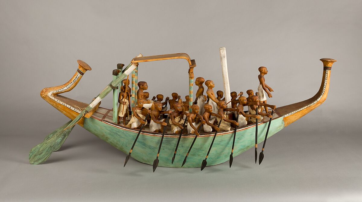 Model Paddling Boat, Wood, paint, plaster, linen twine, linen fabric