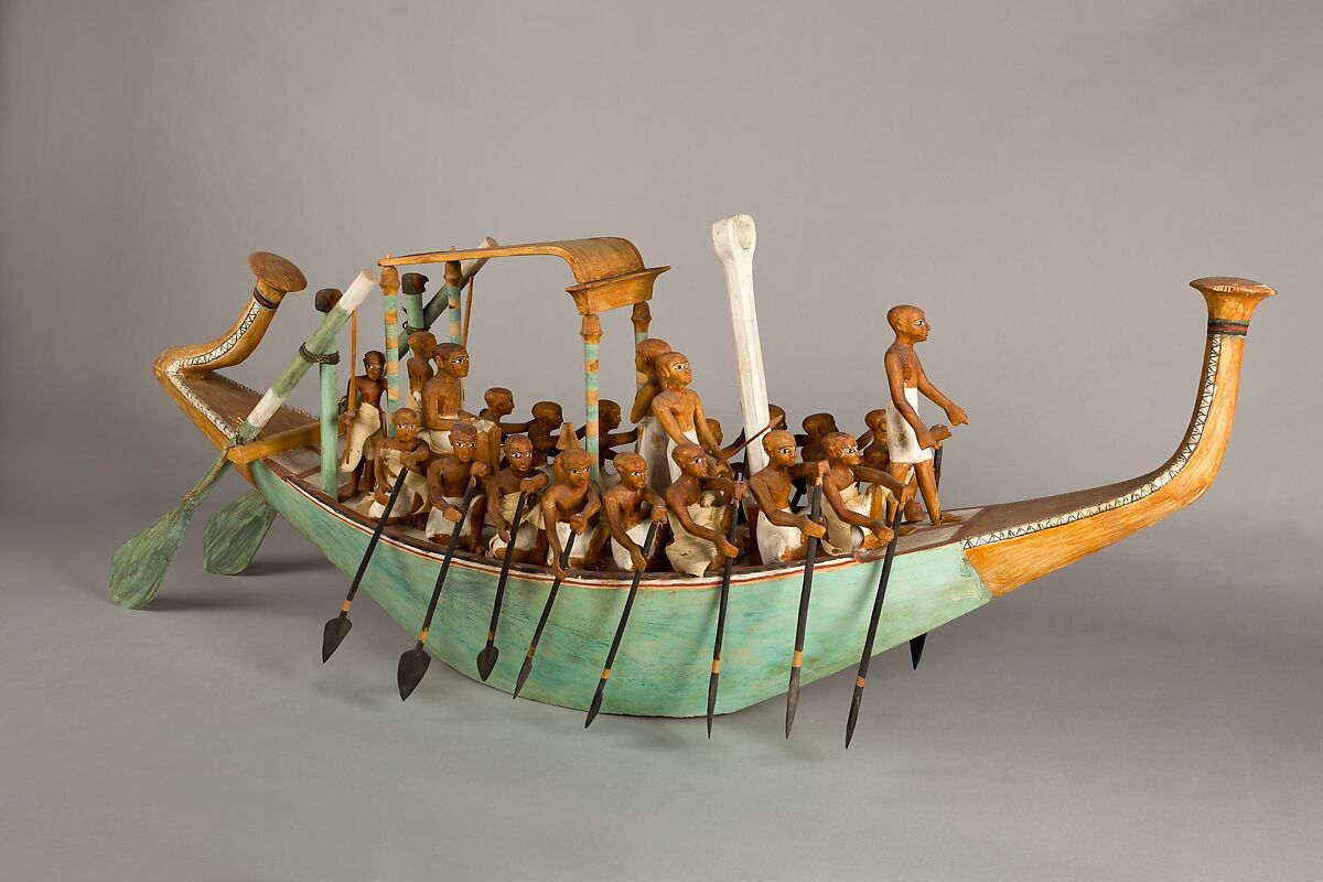 Model Paddling Boat, Wood, paint, plaster, linen twine, linen fabric