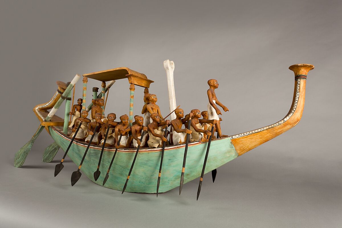 Model Paddling Boat, Wood, paint, plaster, linen twine, linen fabric