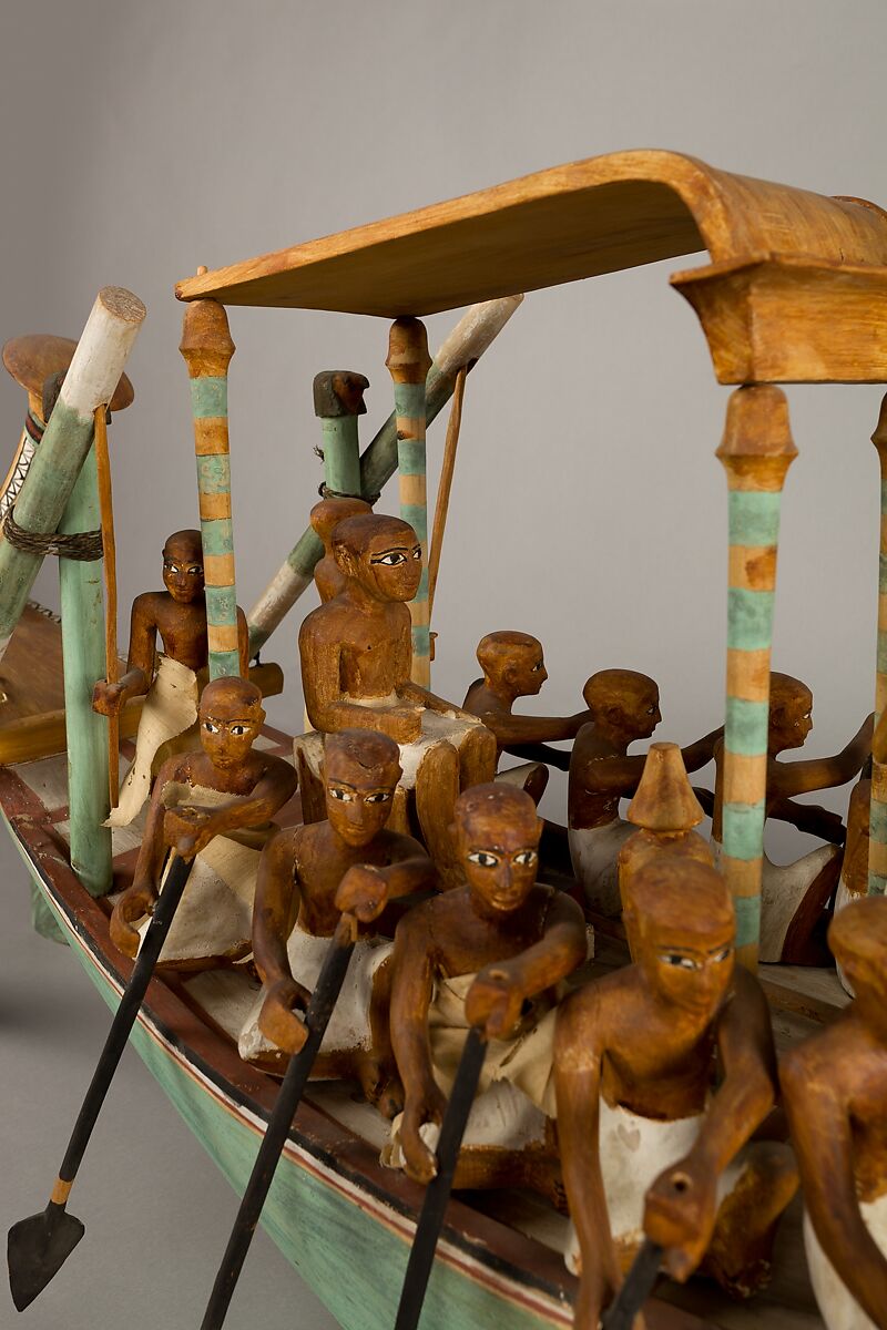 Model Paddling Boat, Wood, paint, plaster, linen twine, linen fabric