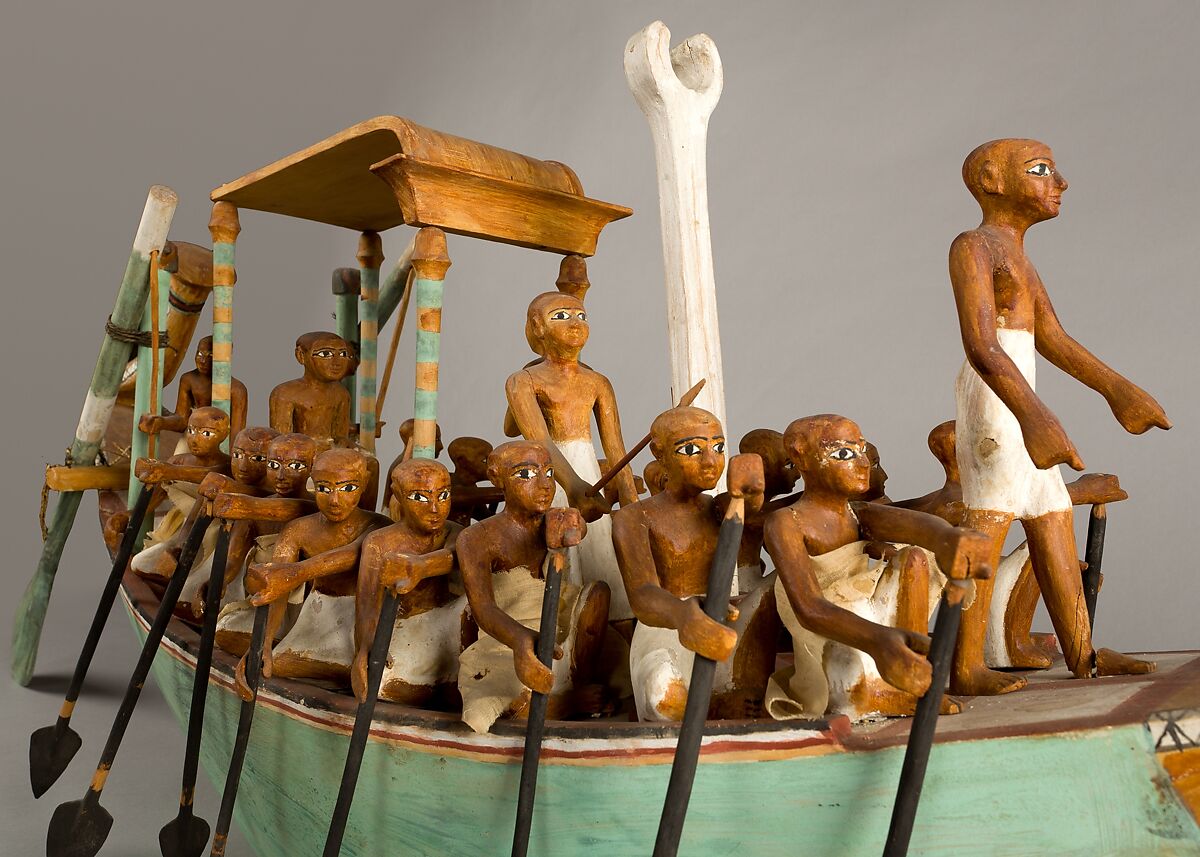 Model Paddling Boat, Wood, paint, plaster, linen twine, linen fabric