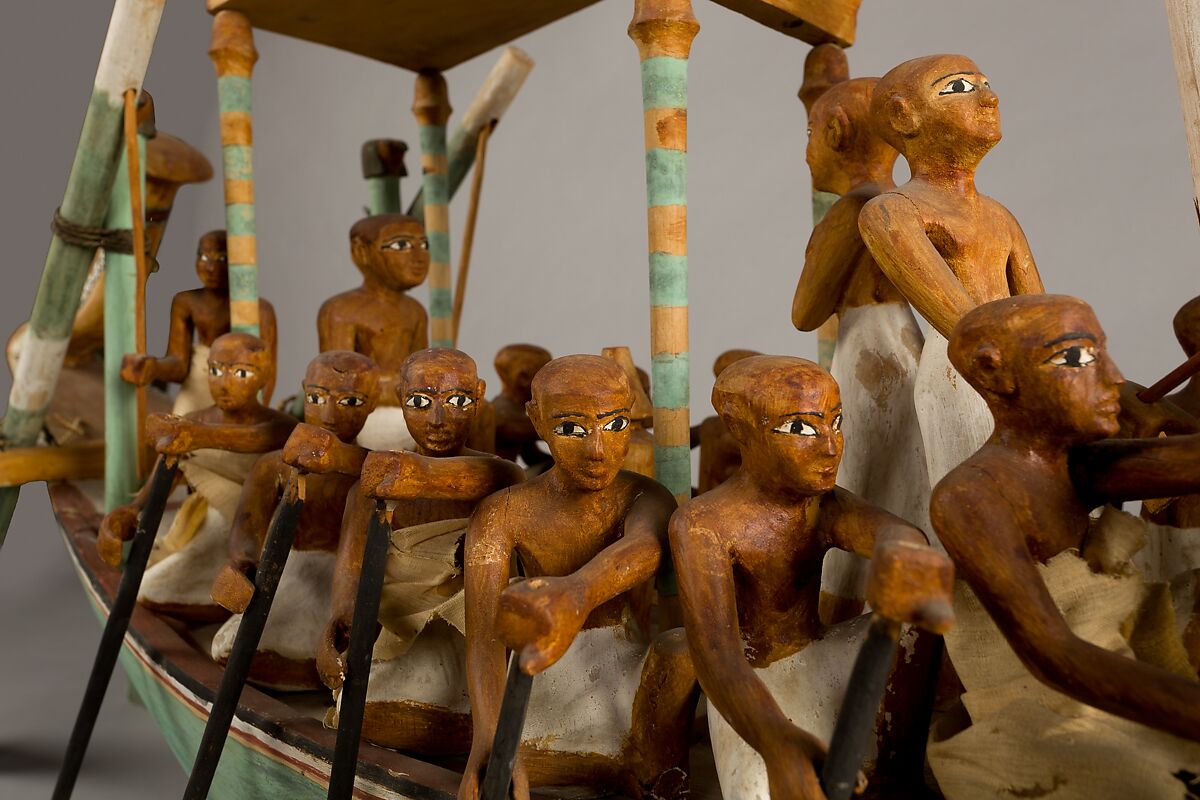 Model Paddling Boat, Wood, paint, plaster, linen twine, linen fabric