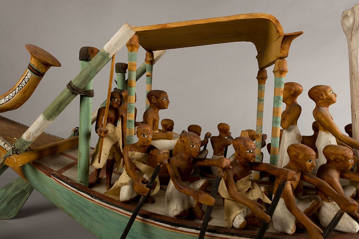 Model Paddling Boat, Wood, paint, plaster, linen twine, linen fabric