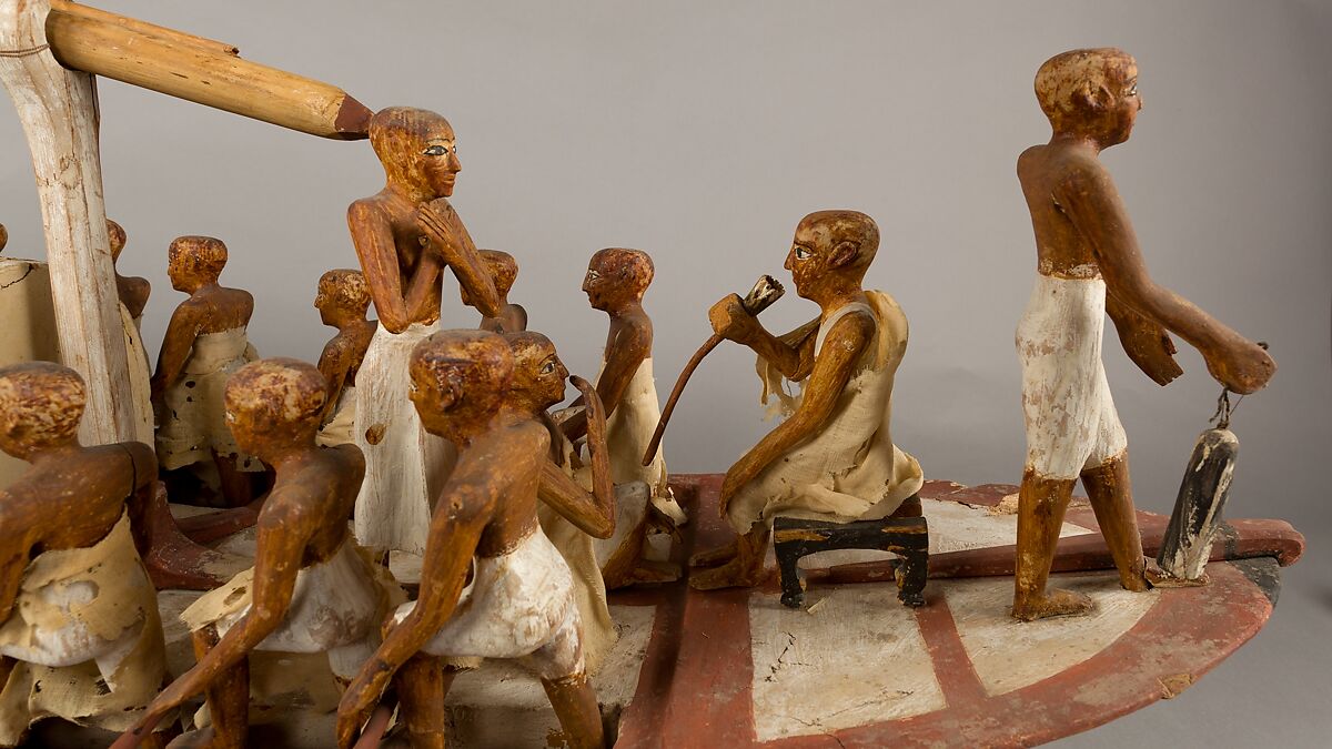 Travelling Boat being Rowed, Wood, paint, plaster, linen twine and cloth