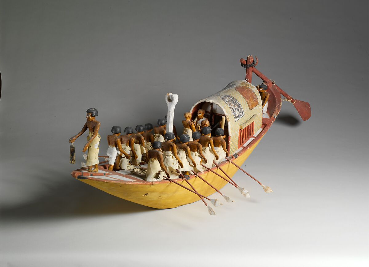 Travelling Boat being Rowed, Wood, paint, gesso, linen twine and linen fabric