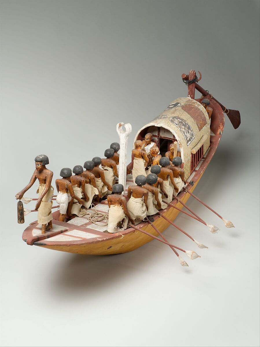 Travelling Boat being Rowed, Wood, paint, gesso, linen twine and linen fabric