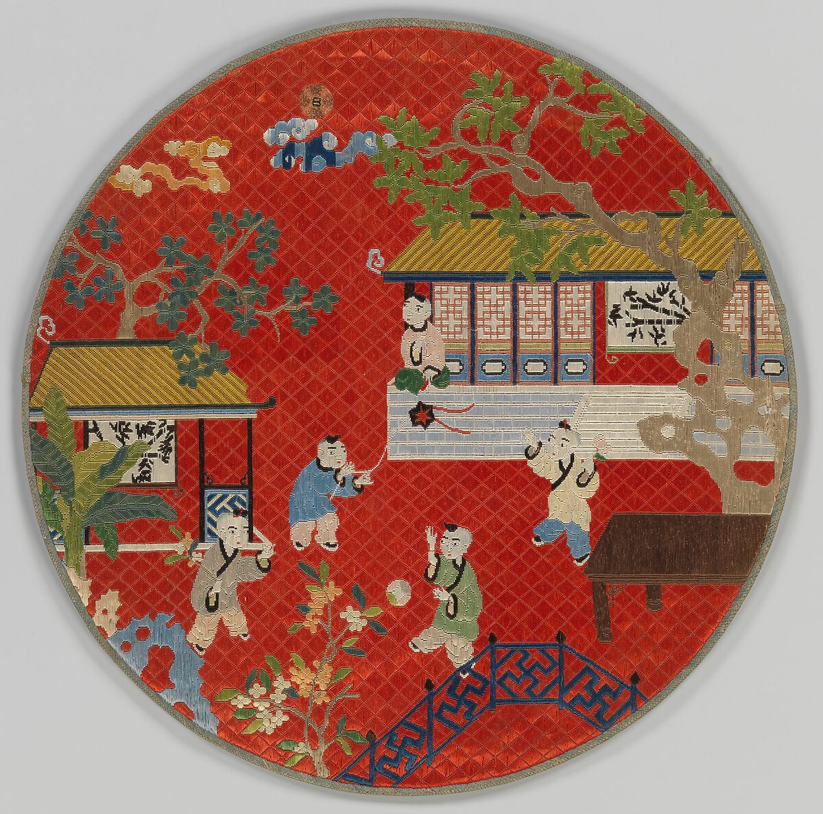 Mirror case with boys at play, Silk and metallic-thread embroidery on silk gauze, China 