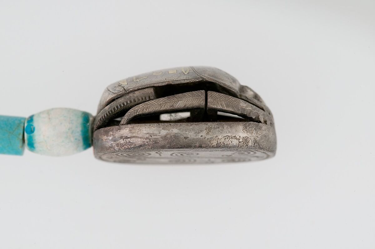 Scarab of the Storehouse Overseer Wah, Silver, electrum, glazed steatite, linen cord