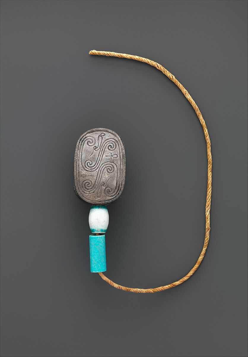 Scarab of the Storehouse Overseer Wah, Silver, electrum, glazed steatite, linen cord