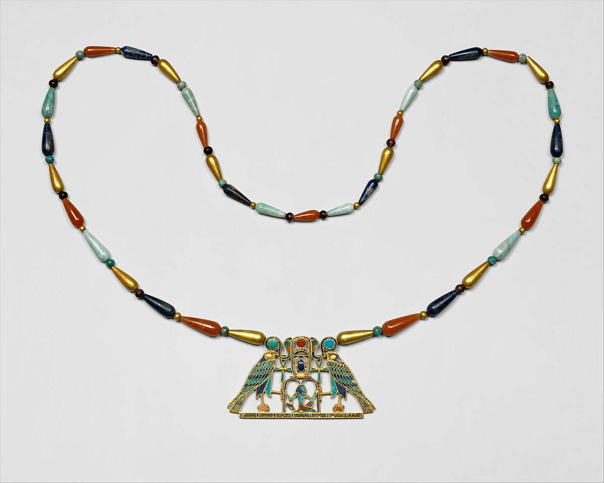 Pectoral and Necklace of Sithathoryunet with the Name of Senwosret II, Gold, carnelian, lapis lazuli, turquoise, garnet (pectoral) Gold, carnelian, lapis lazuli, turquoise, green feldspar (necklace) 