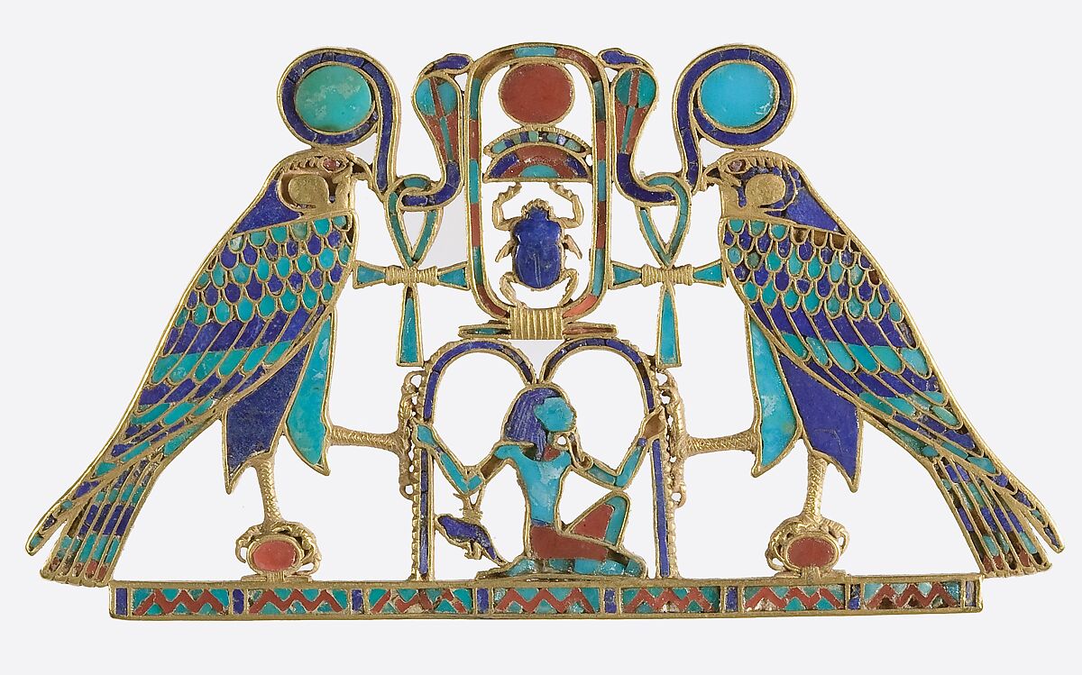 Pectoral and Necklace of Sithathoryunet with the Name of Senwosret II, Gold, carnelian, lapis lazuli, turquoise, garnet (pectoral)
Gold, carnelian, lapis lazuli, turquoise, green feldspar (necklace)