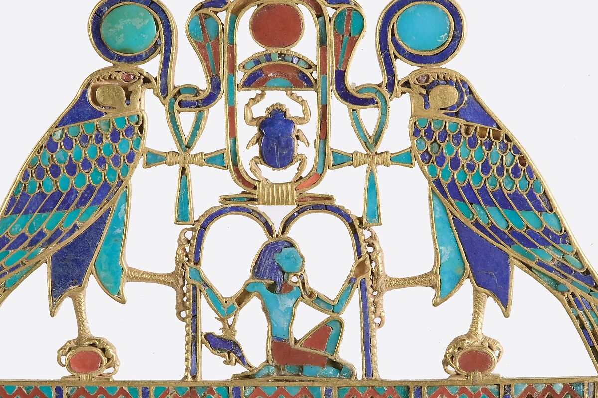 Pectoral and Necklace of Sithathoryunet with the Name of Senwosret II, Gold, carnelian, lapis lazuli, turquoise, garnet (pectoral)
Gold, carnelian, lapis lazuli, turquoise, green feldspar (necklace)