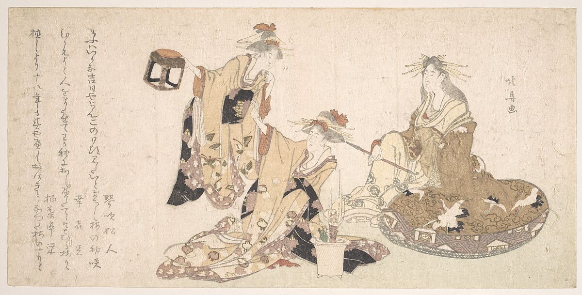 Three Young Ladies Visiting Together, Teisai Hokuba (Japanese, 1771–1844), Woodblock print (surimono); ink and color on paper, Japan 