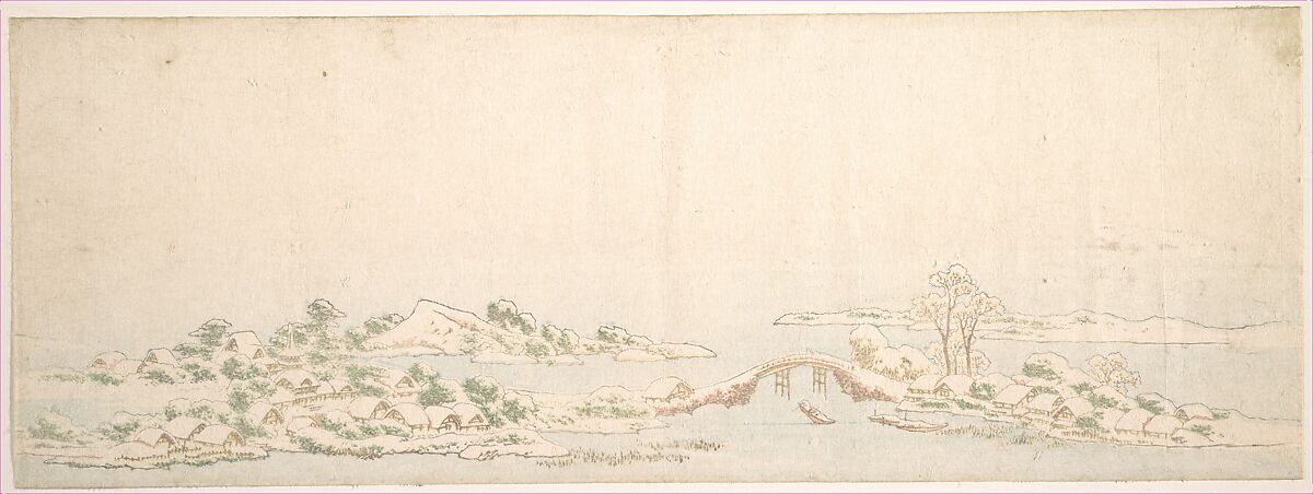 Winter Landscape, Katsushika Hokusai (Japanese, Tokyo (Edo) 1760–1849 Tokyo (Edo)), Woodblock print (surimono); ink and color on paper, Japan 