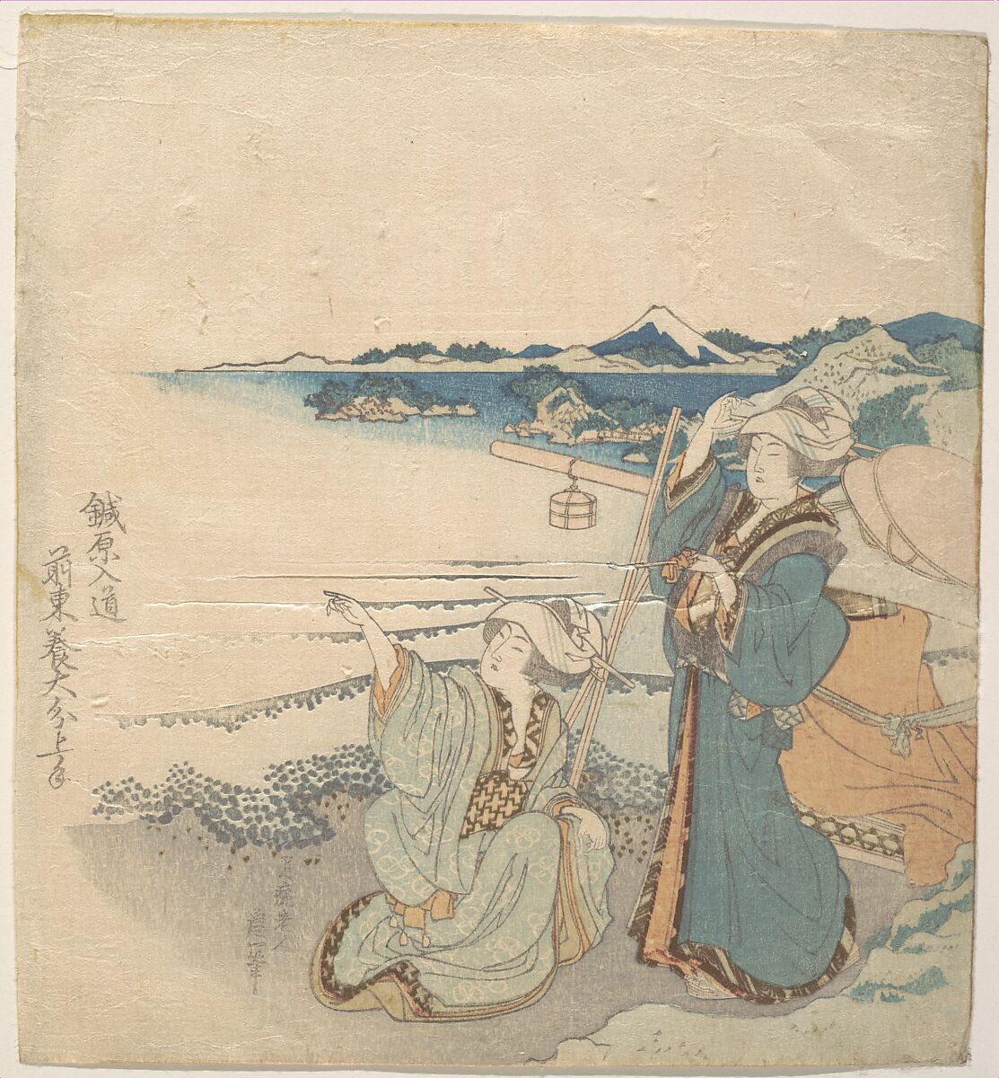 Two Young Ladies at Shore; One Pointing, Katsushika Hokusai (Japanese, Tokyo (Edo) 1760–1849 Tokyo (Edo)), Woodblock print (surimono); ink and color on paper, Japan 
