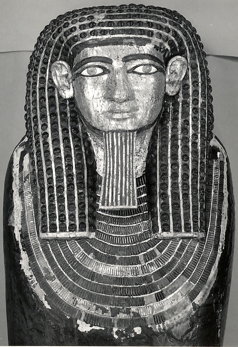 Inner anthropoid coffin of Hapiankhtifi, Sycomore wood, paint, bitumen, cloth, gold leaf
