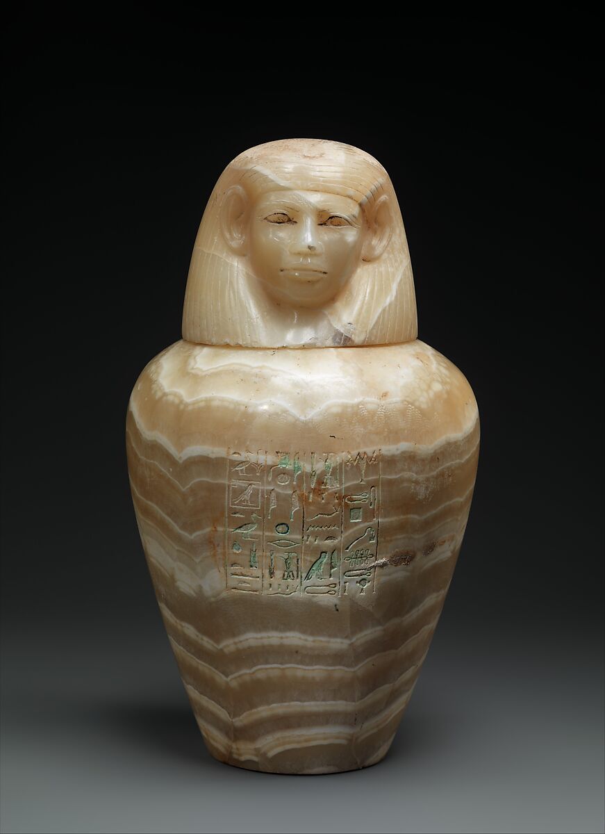 Canopic Jar of Princess Sithathoryunet - Qebehsenuef, Travertine (Egyptian alabaster), paint 