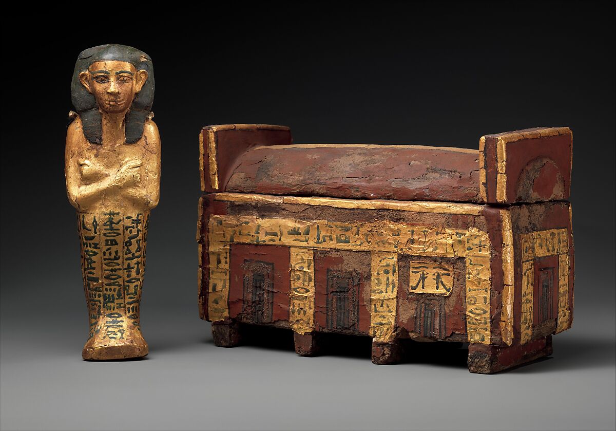 Shabti coffin of Wahneferhotep, Wood, paint, gold leaf.