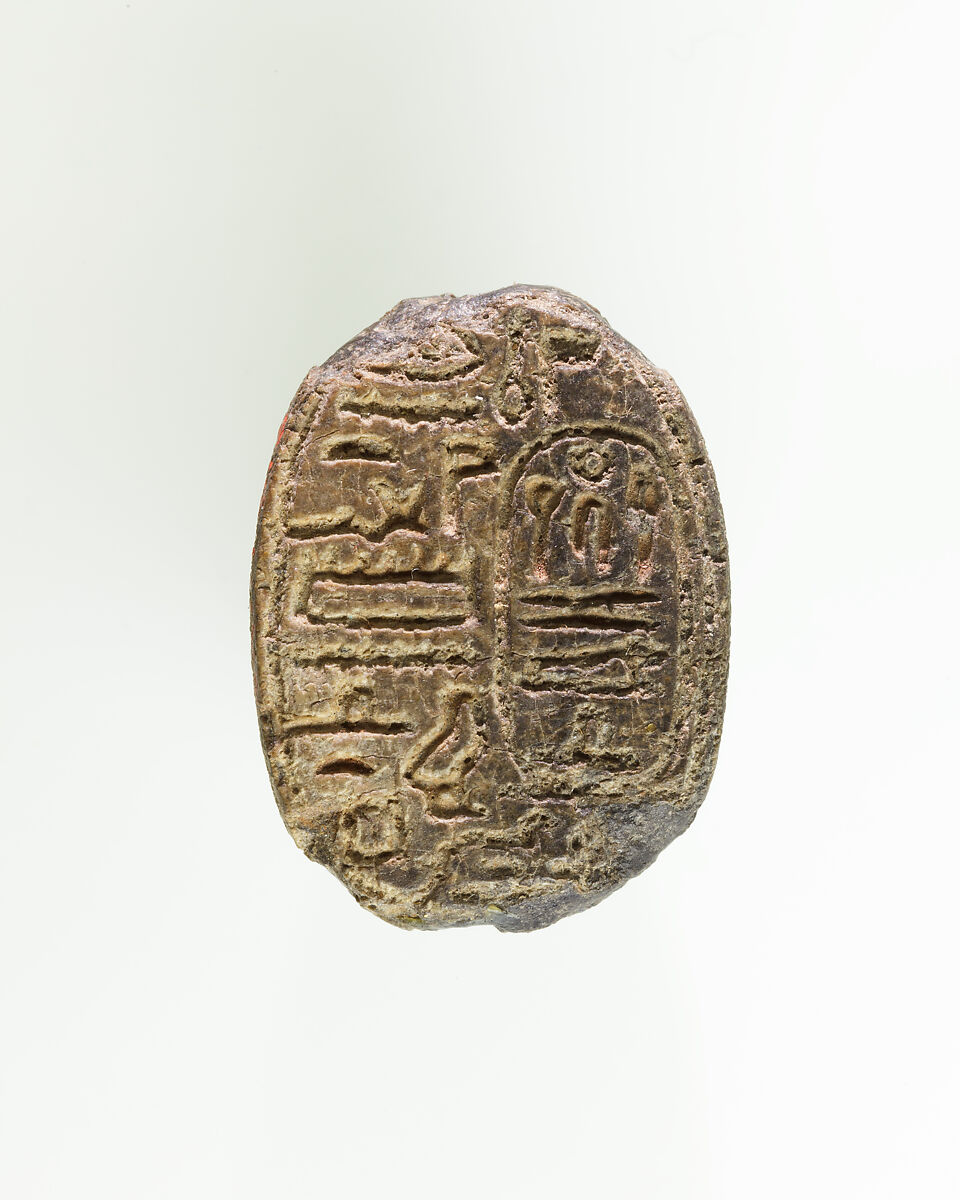 Scarab of Sebekhotep III, Steatite, traces of green glaze 