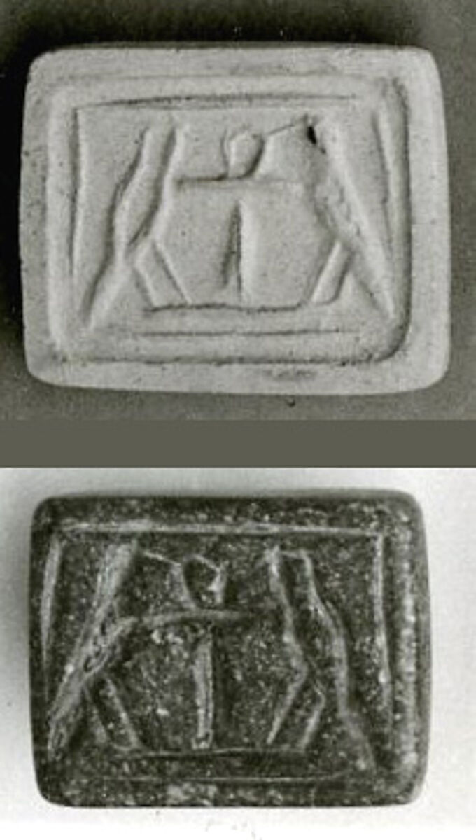 Stamp Seal Inscribed With An Ankh Between Two Falcons, Steatite 