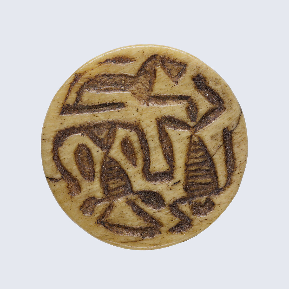Design Amulet with Loop on Back, Device with Dancing God, Hathor Symbol and Lion, Bone 