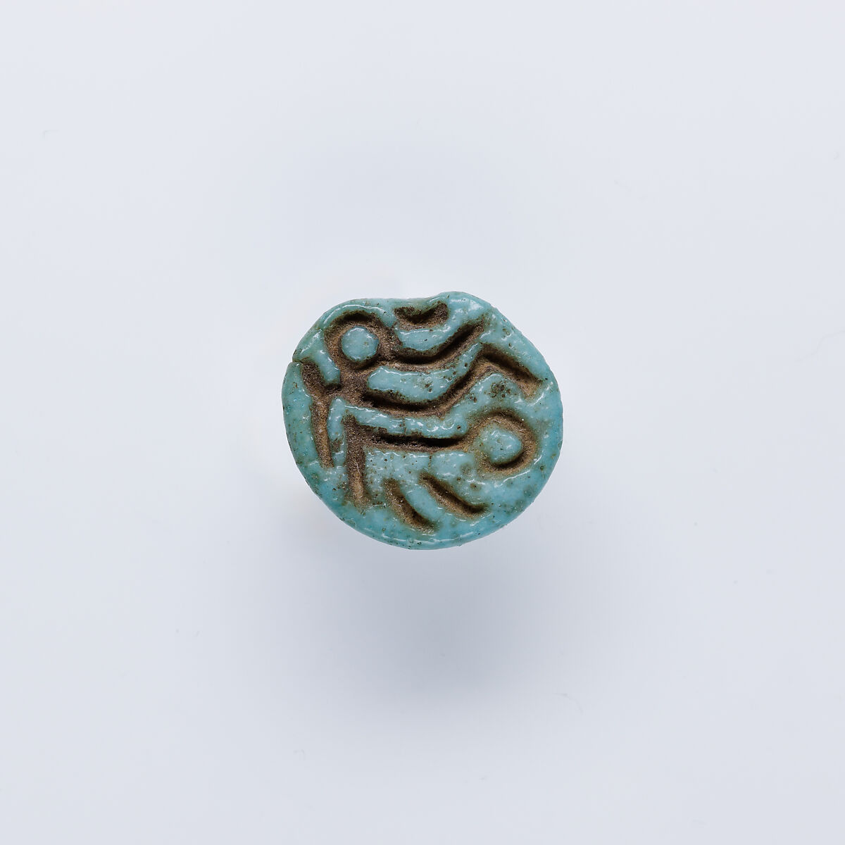 Design Amulet with Loop on the Back, Device of Two Children shown in Opposite Vertical Orientations, Faience 