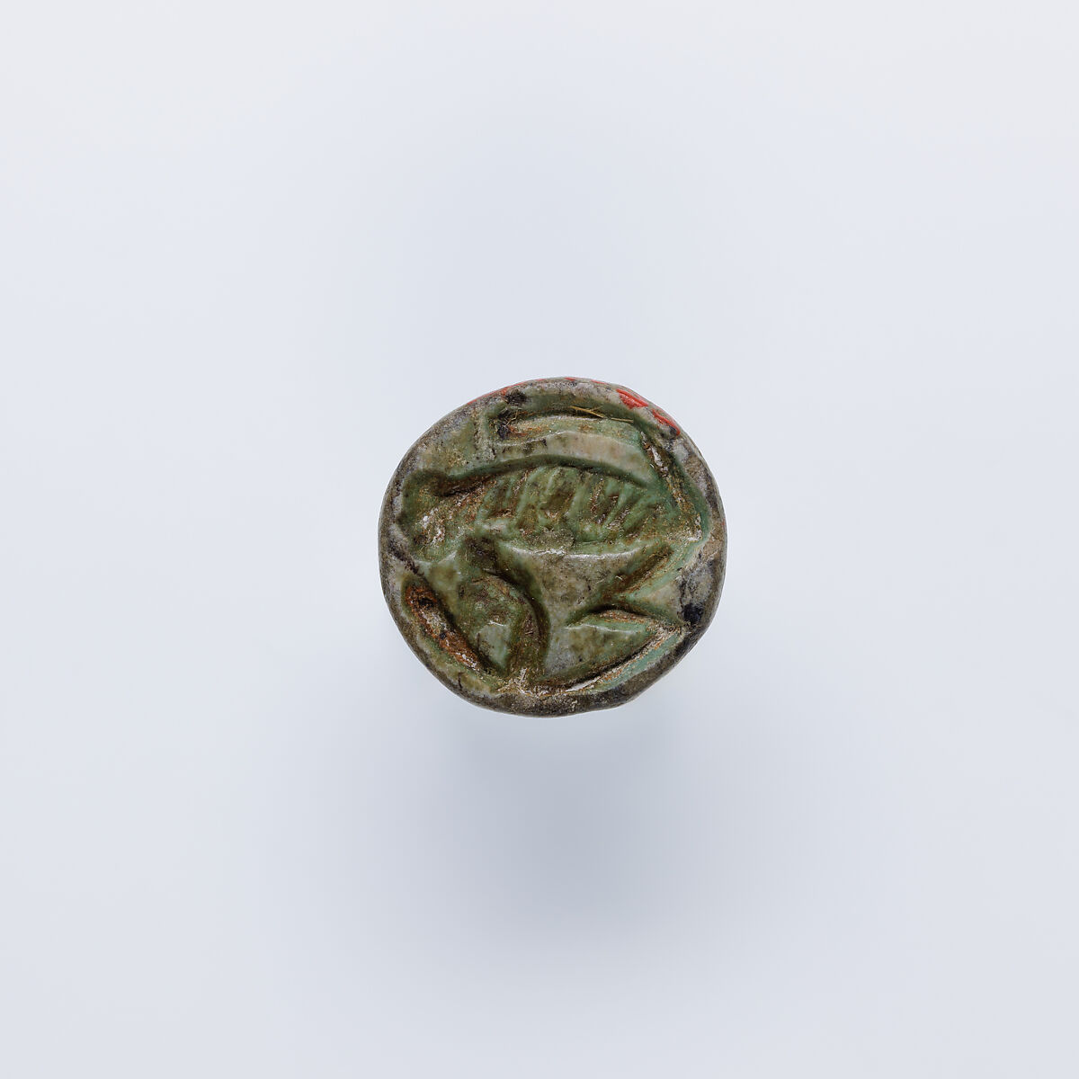 Design Amulet with a Hippopotamus (? ) Head on the Back Pierced for Stringing, and a Left-facing Monkey as the Device, Glazed steatite 