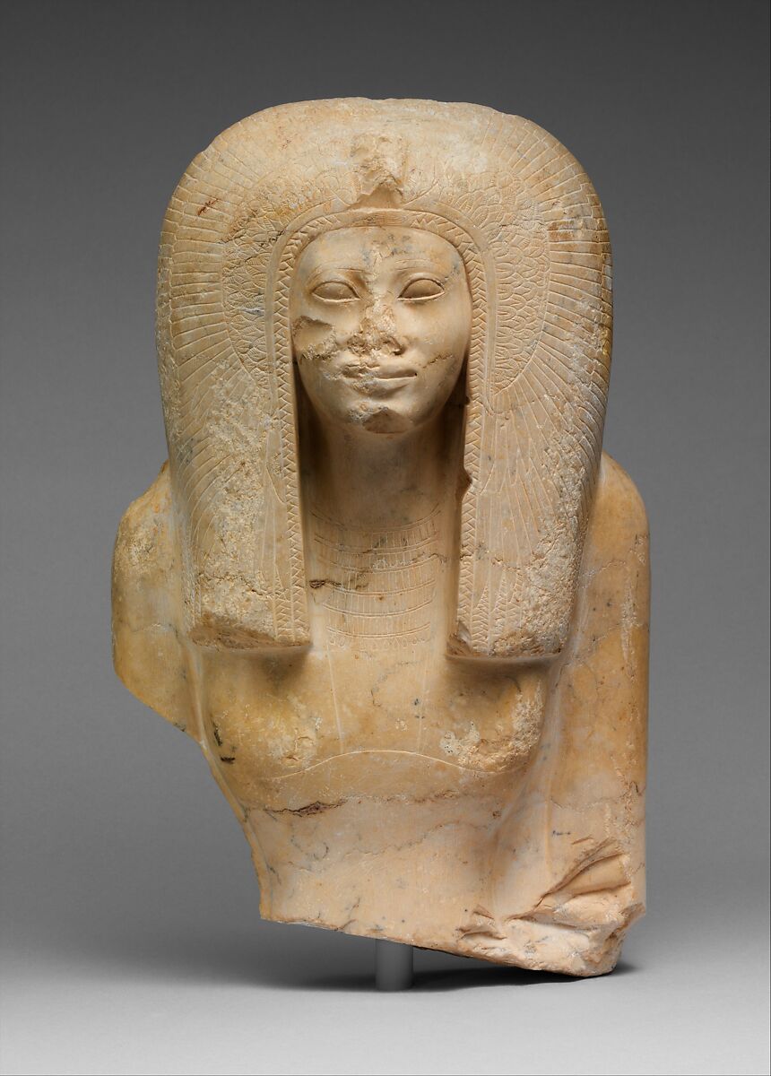 Upper Part of the Seated Statue of a Queen, Indurated limestone, paint 