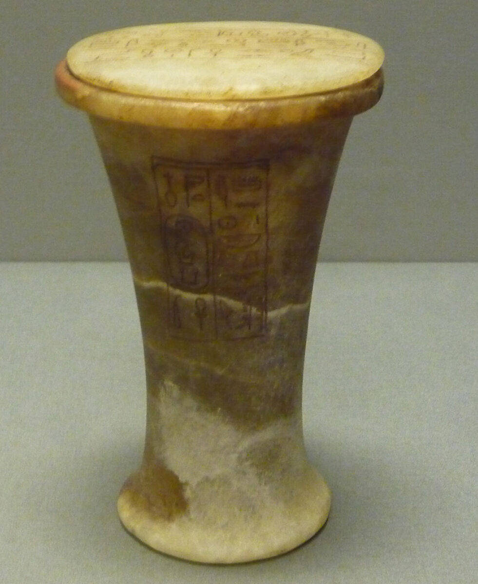 Ointment Jar from a Foundation Deposit of Hatshepsut, Travertine (Egyptian alabaster), paint