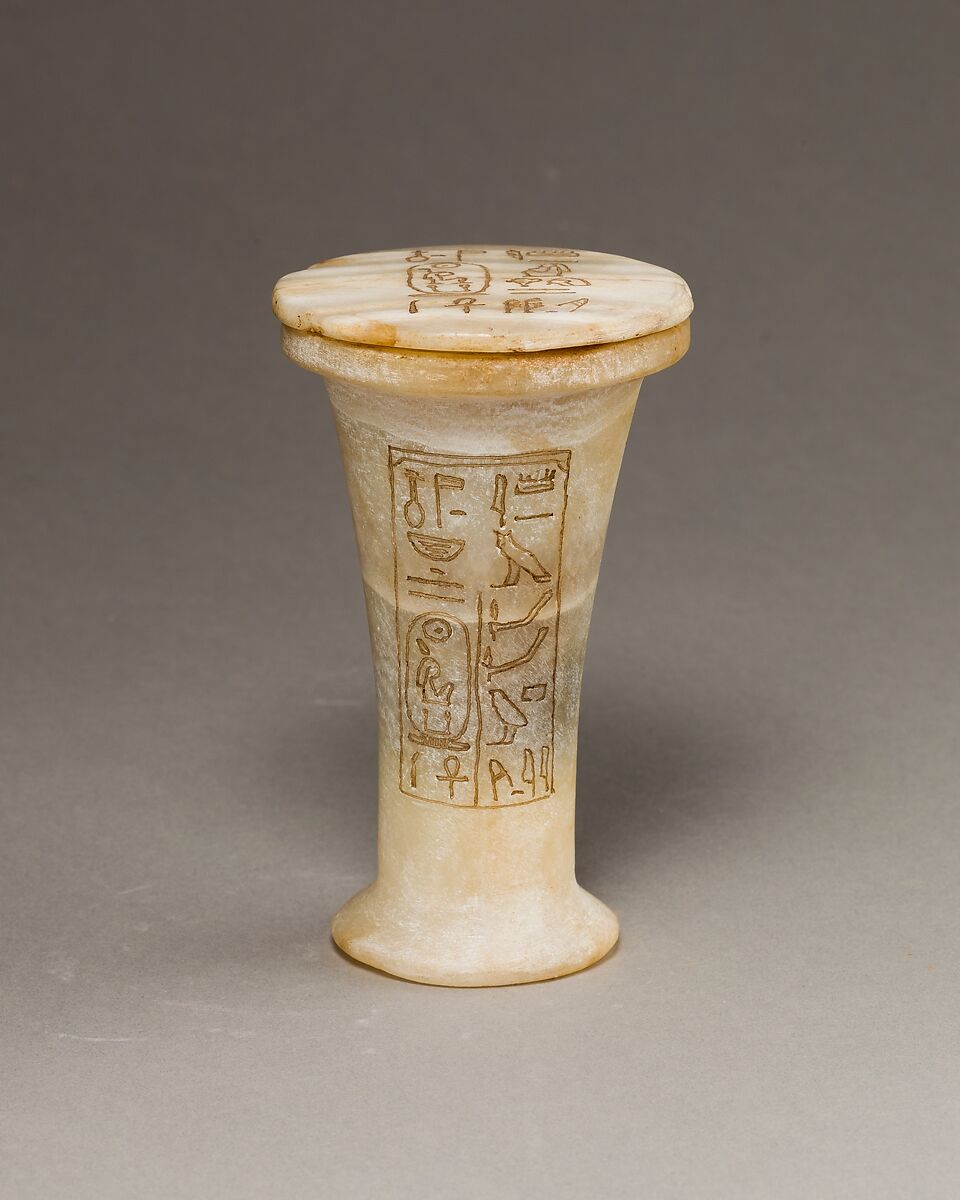 Ointment Jar with Lid, Travertine (Egyptian alabaster), paint 