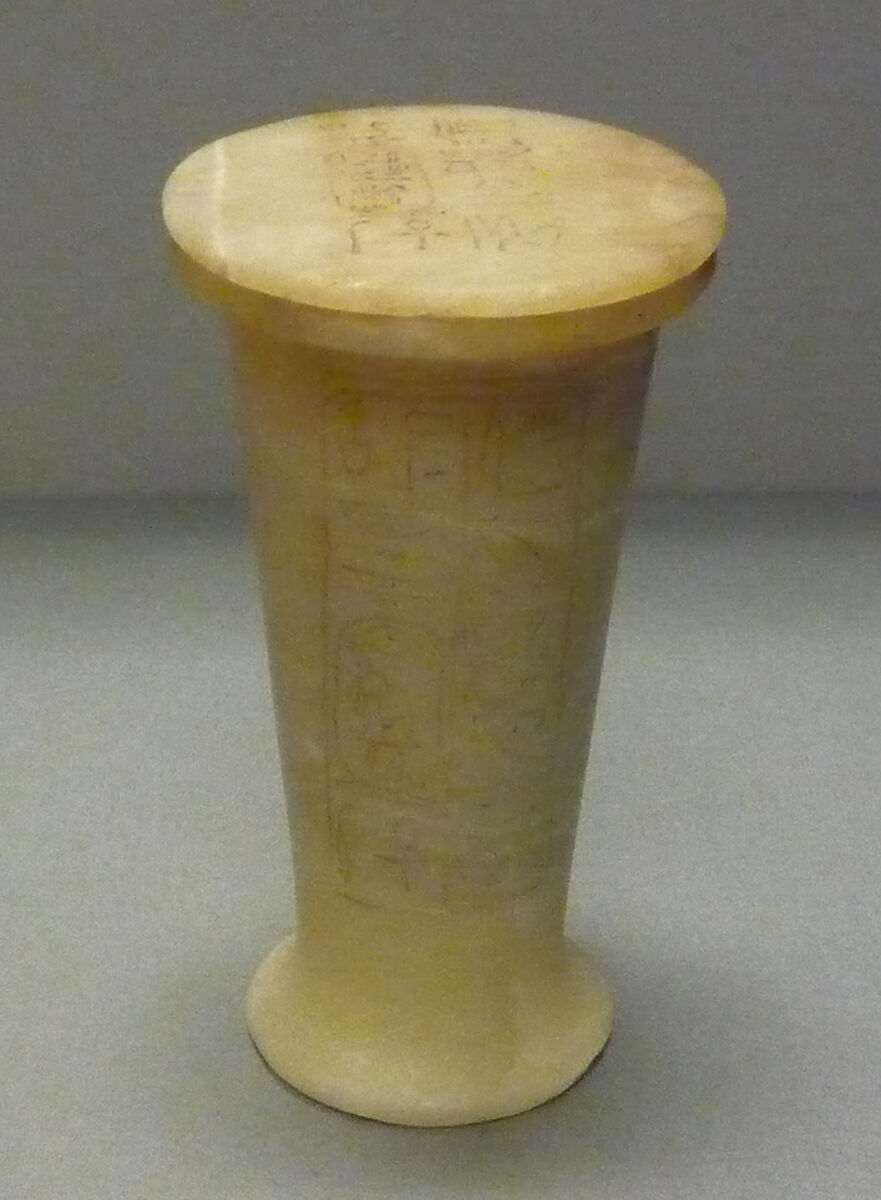 Ointment Jar from a Foundation Deposit of Hatshepsut, Travertine (Egyptian alabaster), paint