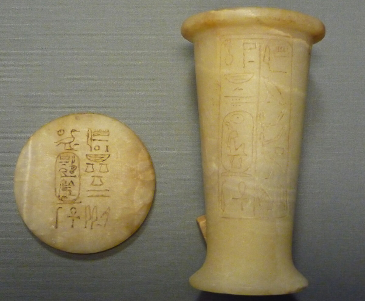 Ointment Jar from a Foundation Deposit of Hatshepsut, Travertine (Egyptian alabaster), paint 