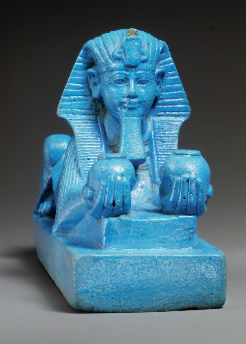 Sphinx of Amenhotep III, possibly from a Model of a Temple, Faience, remains of a travertine (Egyptian alabaster) tenon