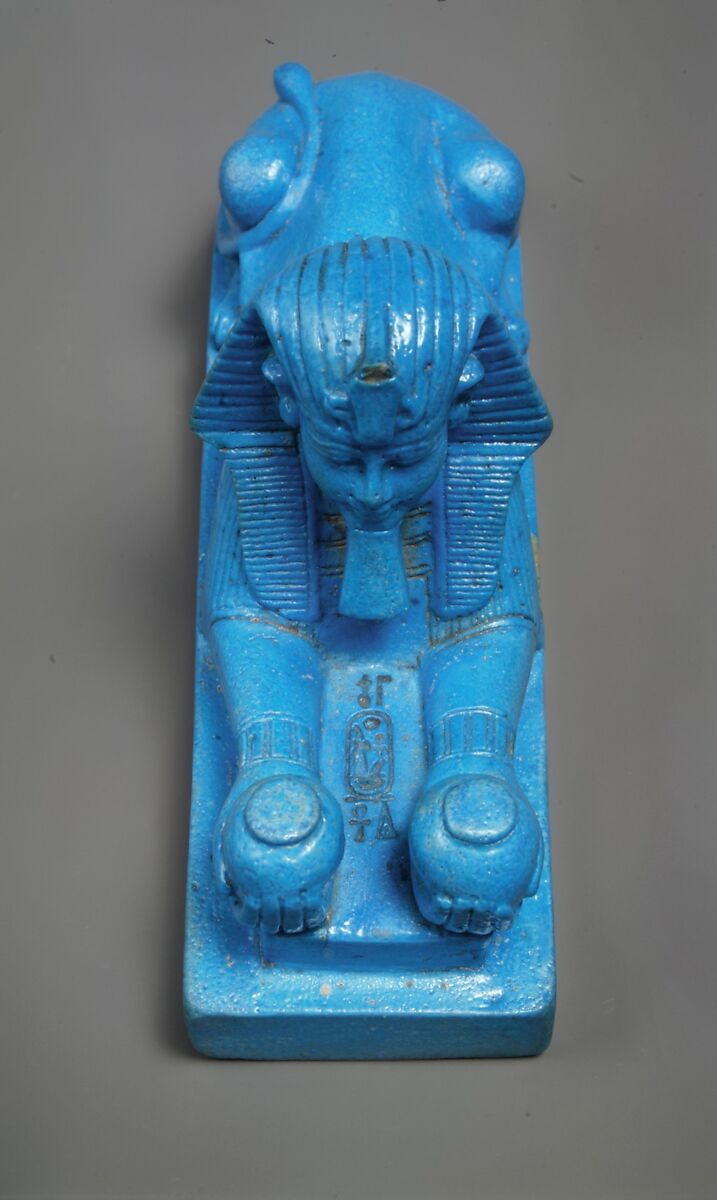 Sphinx of Amenhotep III, possibly from a Model of a Temple, Faience, remains of a travertine (Egyptian alabaster) tenon