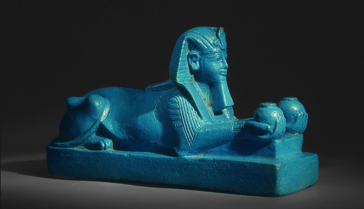 Sphinx of Amenhotep III, possibly from a Model of a Temple, Faience, remains of a travertine (Egyptian alabaster) tenon