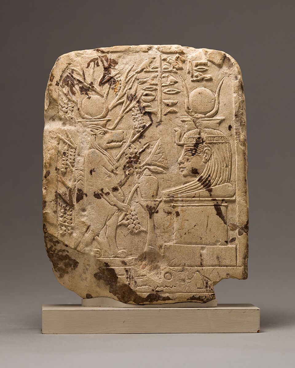 Votive stela with figures of Goddesses Taweret and Mut of  Isheru, Limestone, paint 