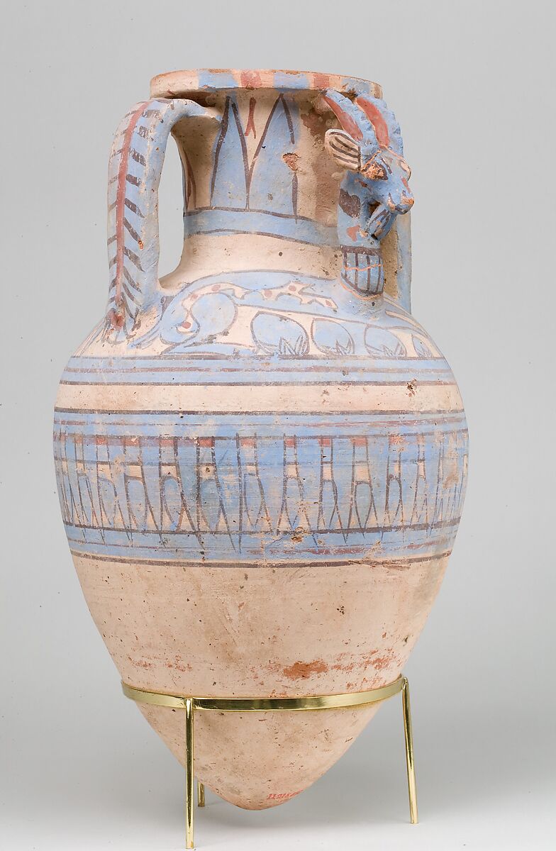Blue-Painted Ibex Amphora from Malqata, pottery, white cream slip, paint