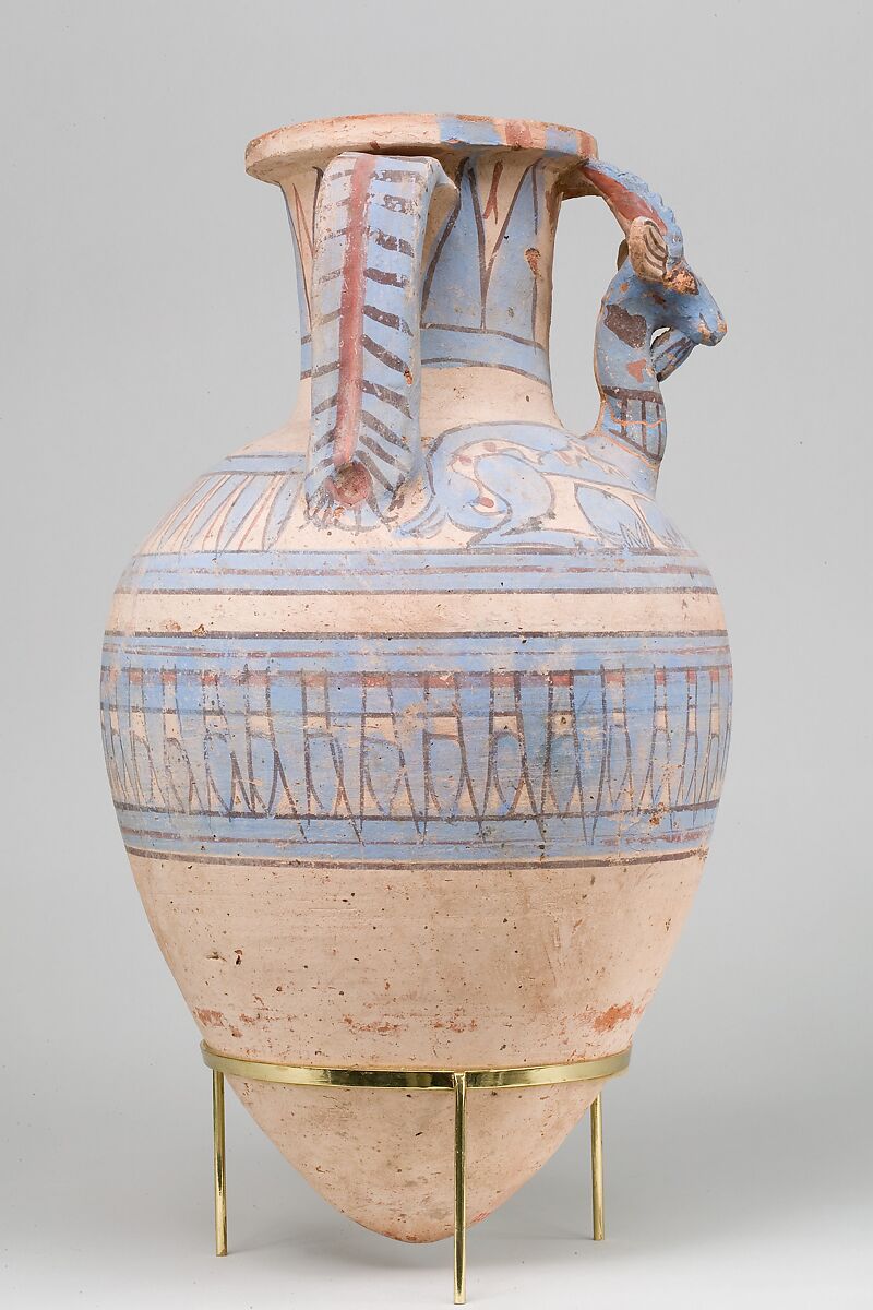 Blue-Painted Ibex Amphora from Malqata, pottery, white cream slip, paint