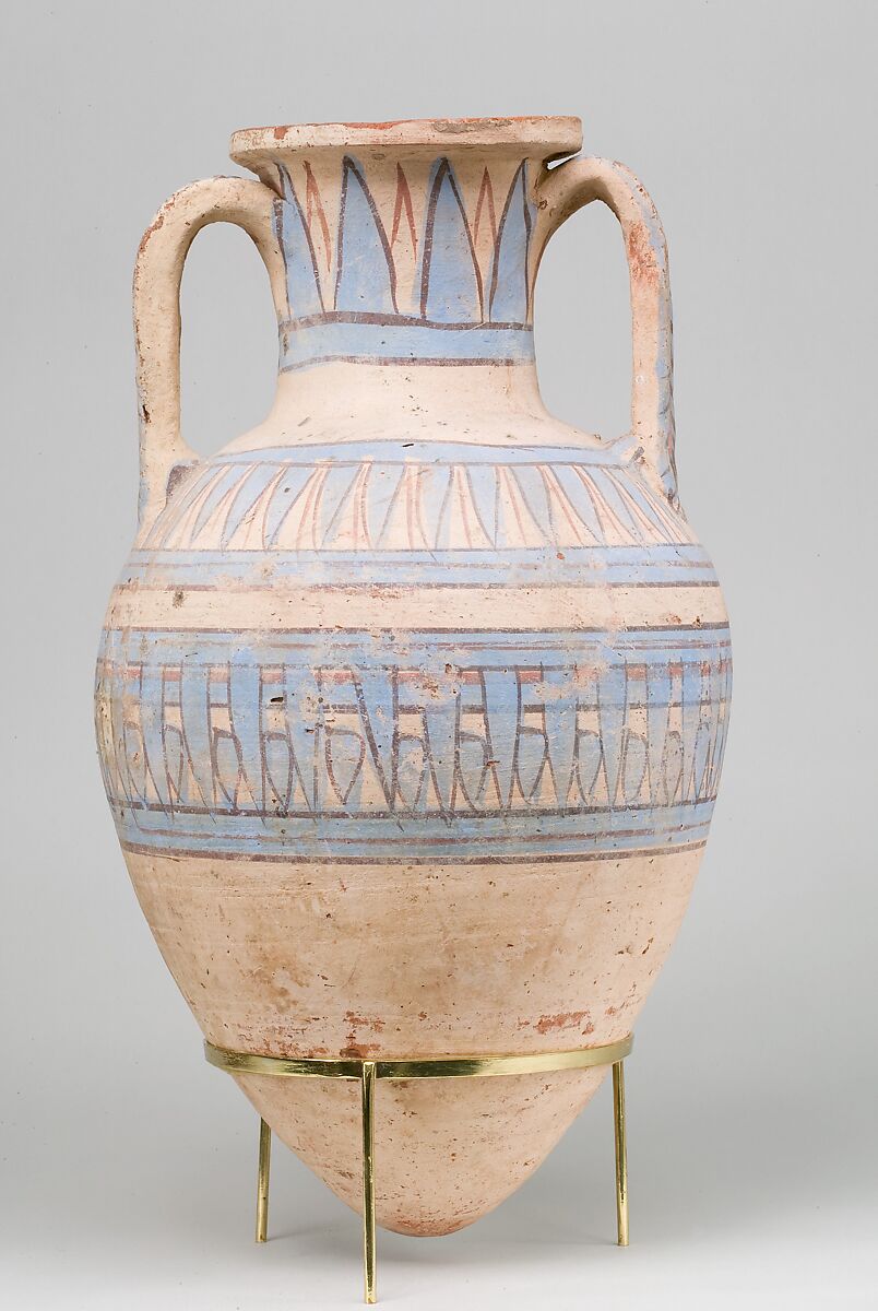 Blue-Painted Ibex Amphora from Malqata, pottery, white cream slip, paint