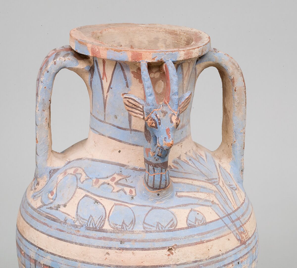 Blue-Painted Ibex Amphora from Malqata, pottery, white cream slip, paint