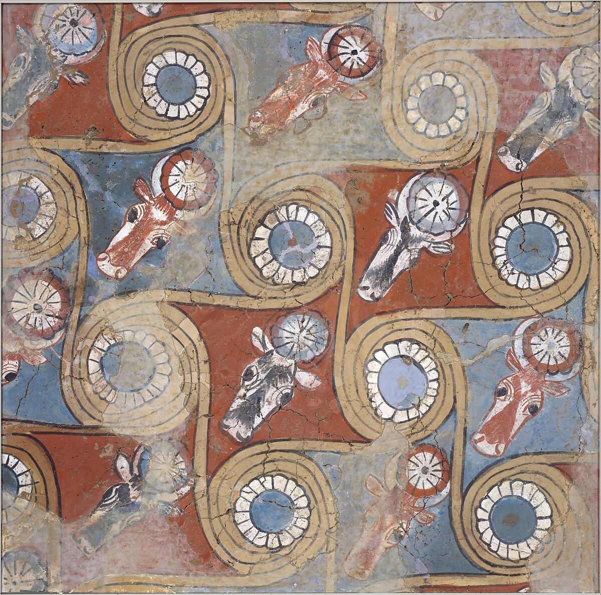 Ceiling painting from the palace of Amenhotep III, Dried Mud, mud plaster, paint, gesso 