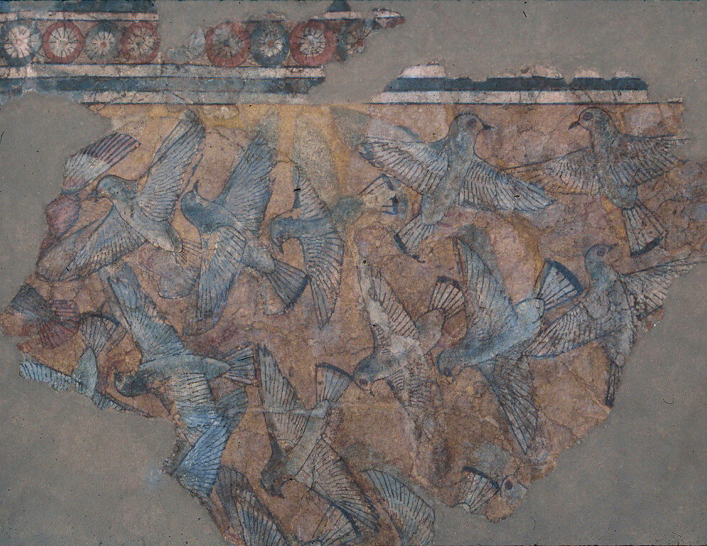 Ceiling Fragment Depicting Pigeons in Flight, Mud plaster, paint